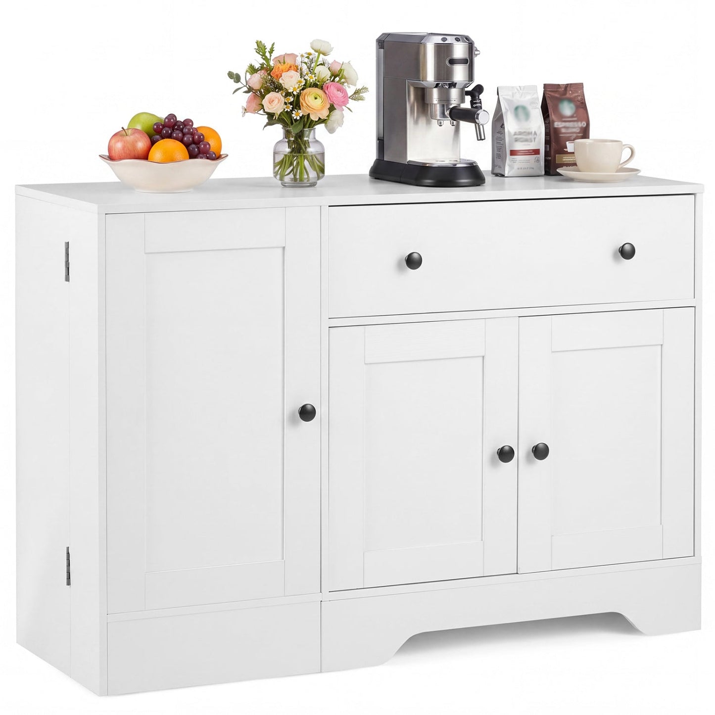 Coffee Bar Cabinet with Rolling Wheels and 3 Doors, cabinet with black knobs and coffee setup on Tampa Home & Garden Store