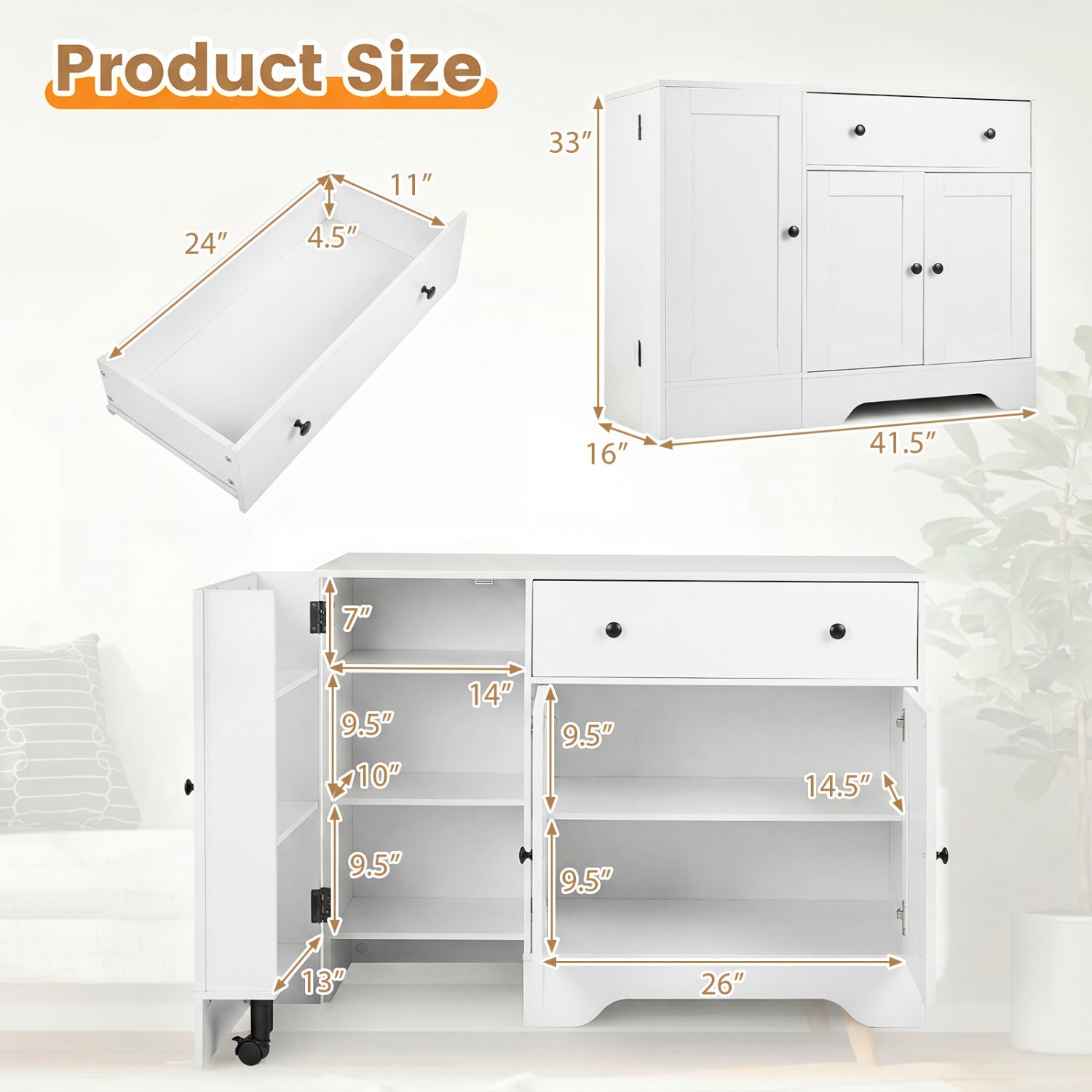 Coffee Bar Cabinet on wheels, white DirectDeals storage with 3 doors, 41.5 in wide on Tampa Home & Garden Store