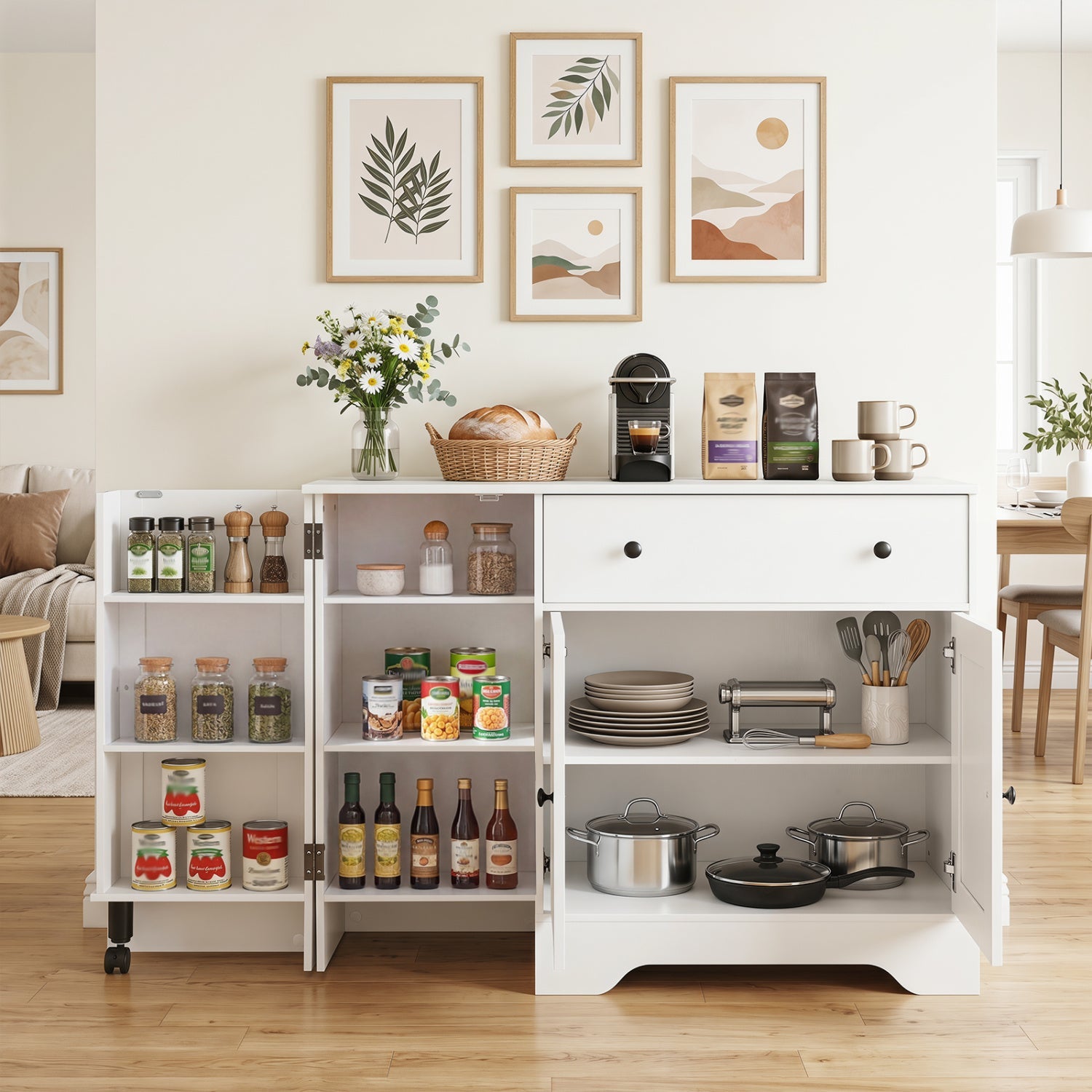 DirectDeals Coffee Bar Cabinet with Rolling Wheels, white finish, 3 doors, 41.5 in on Tampa Home & Garden Store