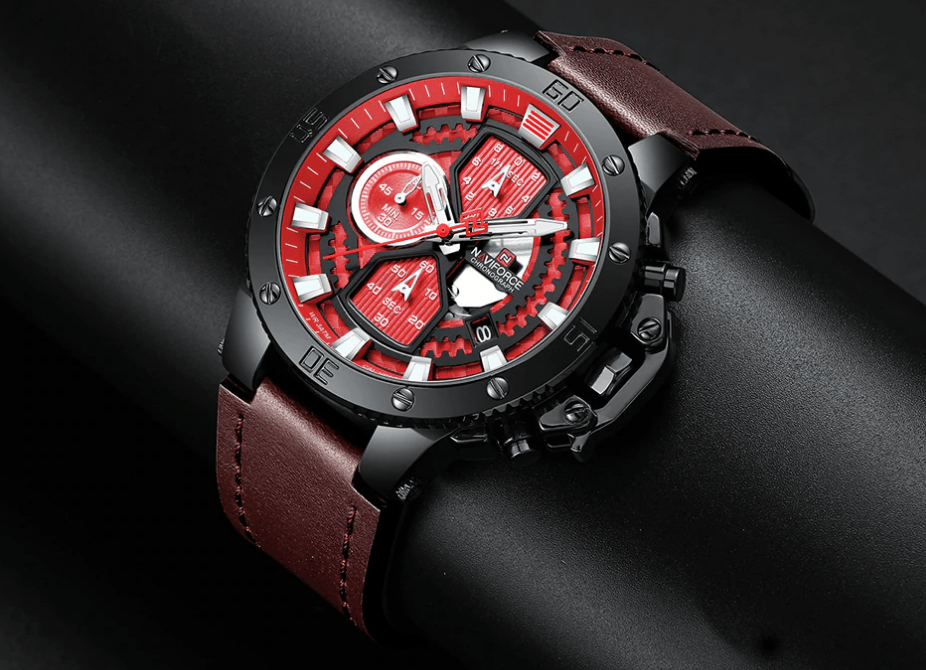 Stevvex ST1N600MK men's waterproof watch with red dial, black bezel and leather strap on Tampa Home & Garden Store