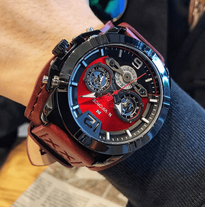 Men's Stevvex leather watch with chronographs, red-black dial, brown strap, luminous hands on Tampa Home & Garden Store