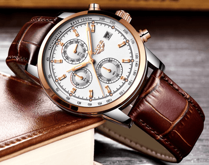 Men's waterproof chronograph watch Stevvex ST1LG5450MTK with white dial and brown leather strap on Tampa Home & Garden Store