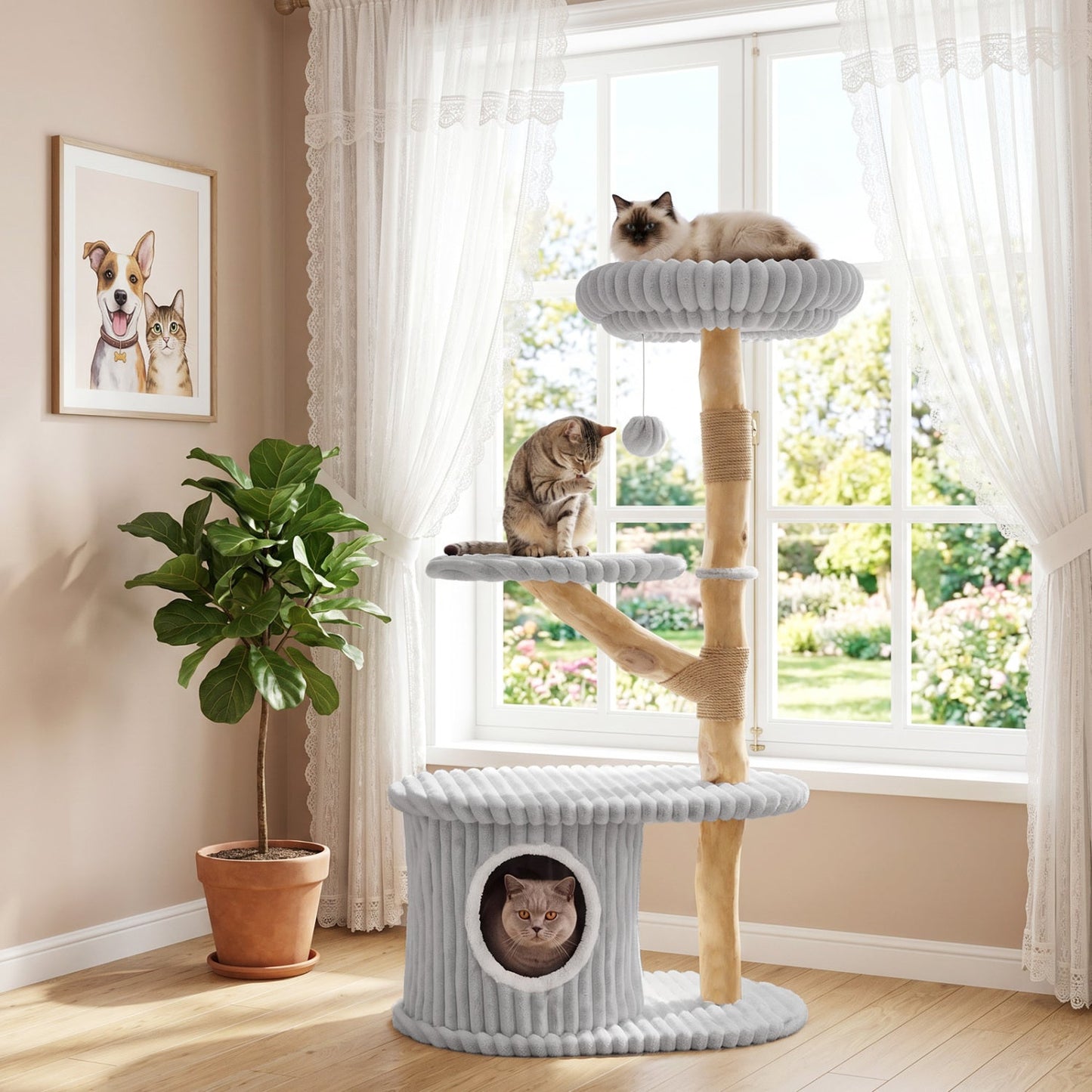 Cat Tower 41-Inch with real wood branches and grey rope platforms, cubby by window on Tampa Home & Garden Store