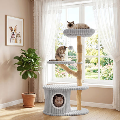 Cat Tower 41-Inch with real wood branches and grey rope platforms, cubby by window on Tampa Home & Garden Store
