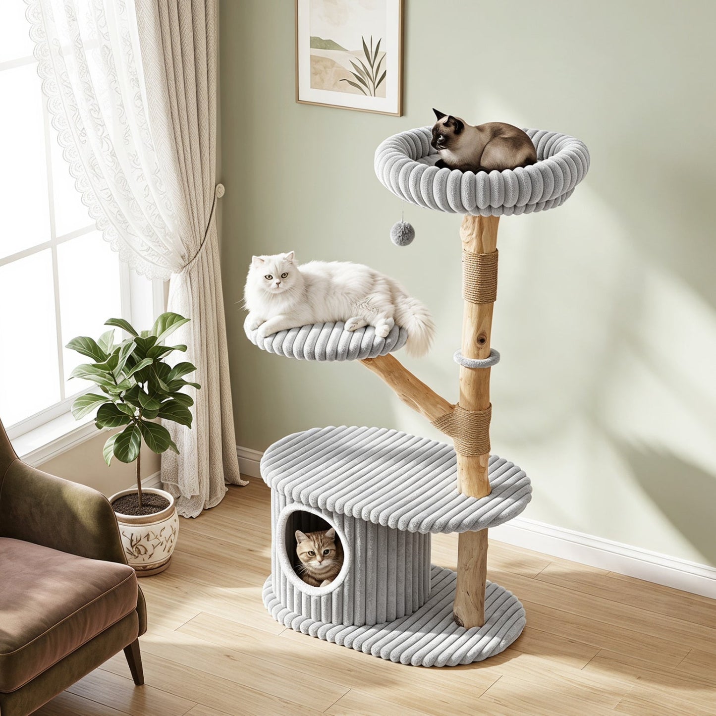 DirectDeals 41-Inch Cat Tower with real wood branches and gray rope platforms; white cat on top on Tampa Home & Garden Store