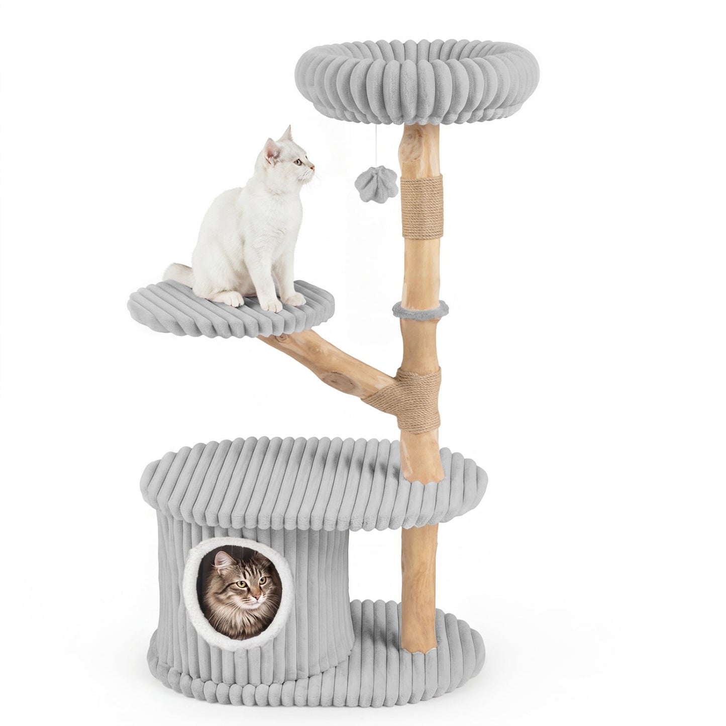 DirectDeals 41-Inch cat tower with wood branches and gray rope; cat on level with hanging toy on Tampa Home & Garden Store