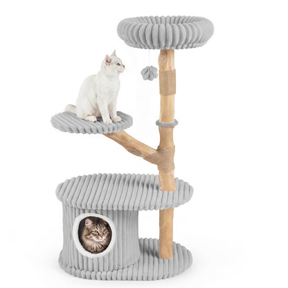 DirectDeals 41-Inch cat tower with wood branches and gray rope; cat on level with hanging toy on Tampa Home & Garden Store