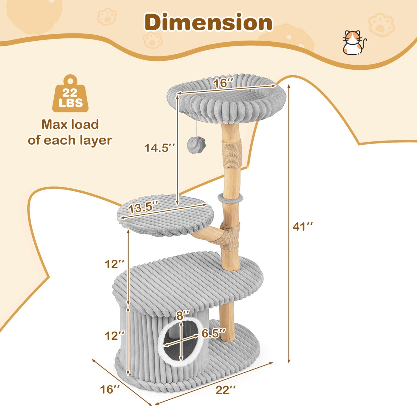 41-Inch Cat Tree with real wood branches and grey rope platforms DirectDeals on Tampa Home & Garden Store