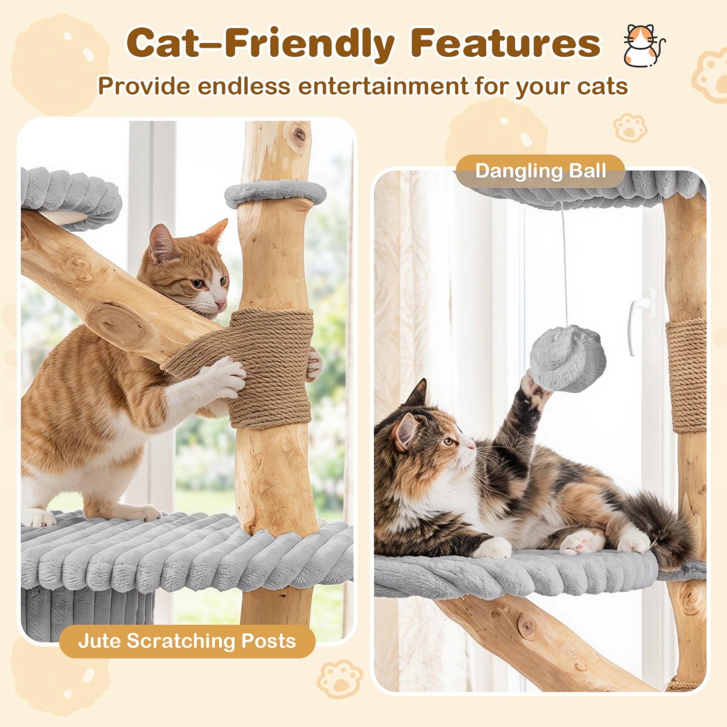 DirectDeals 41-Inch cat tree with real wood branches and jute scratching posts, two cats on Tampa Home & Garden Store