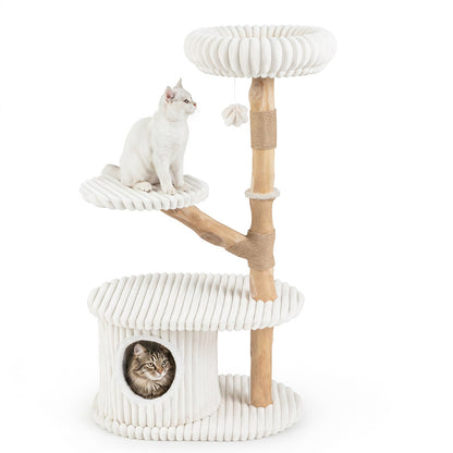 41-Inch cat tree with white rope platforms on natural wood trunk, two cats, hanging toy on Tampa Home & Garden Store