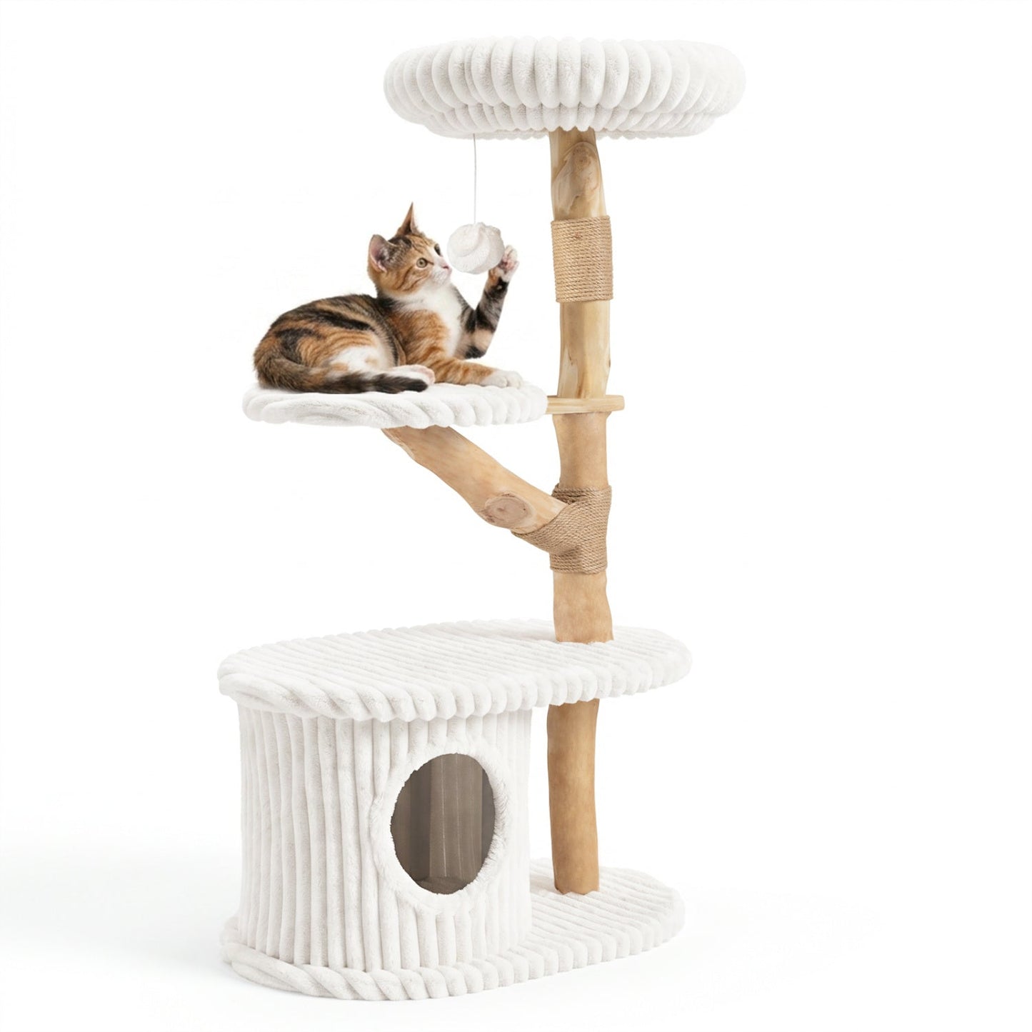 41-Inch Cat Tower with Real Wood Branches and White Plush Platforms by DirectDeals on Tampa Home & Garden Store