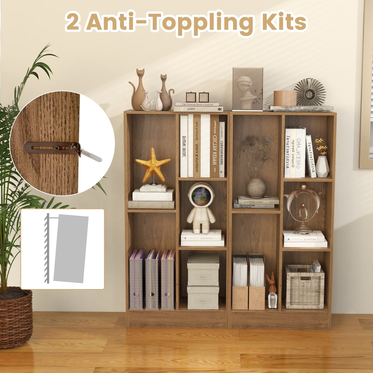 Estantería de suelo de 41 pulgadas con 5 cubos y 2 kits antivuelco-Natural
