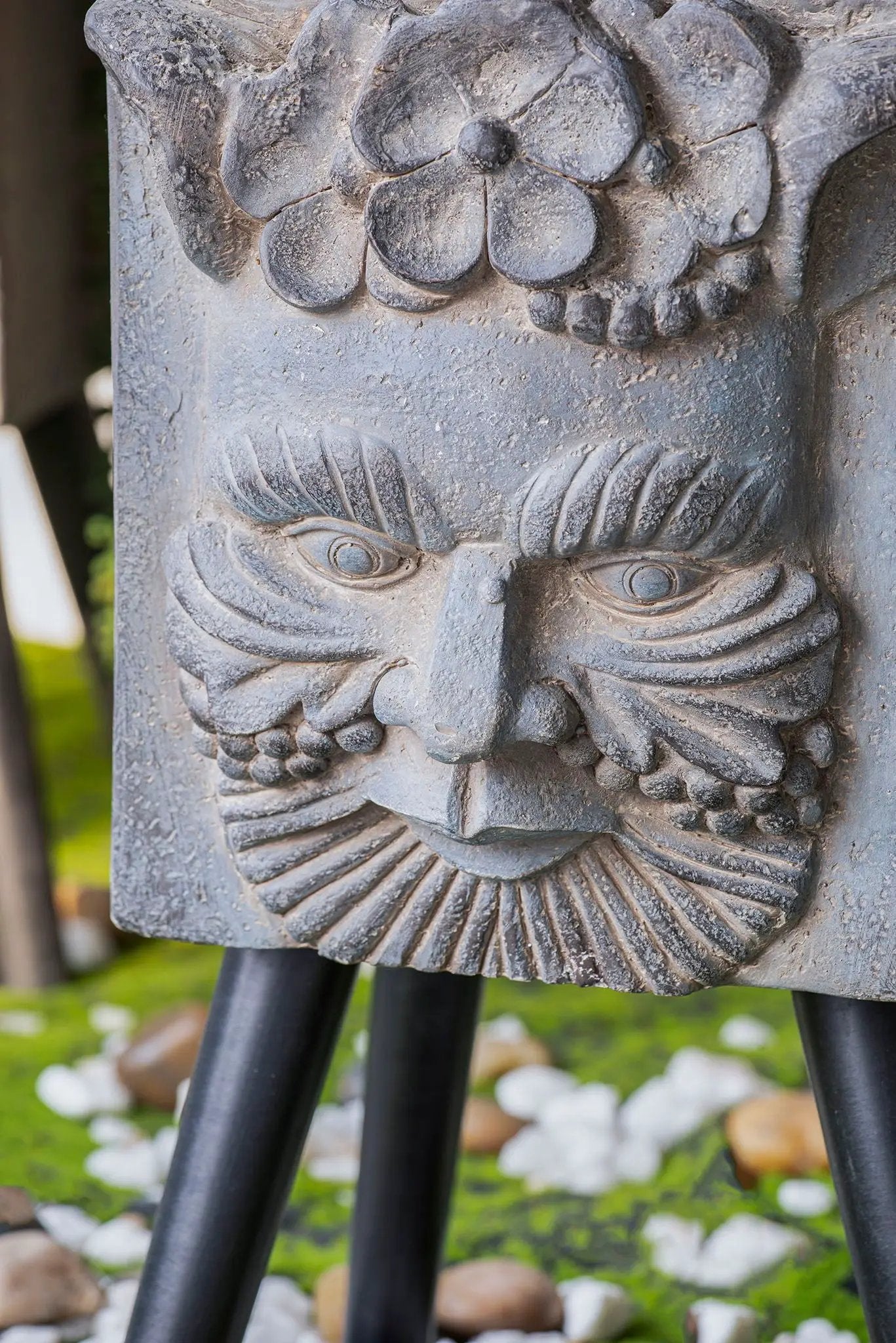 Greek God Statue Planter With Legs gray stone finish ornate carved detailing on Tampa Home & Garden Store