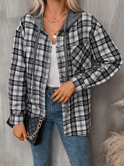 Plaid buttoned hooded jacket for women, Stevvex cotton-blend outerwear with gray hood on Tampa Home & Garden Store
