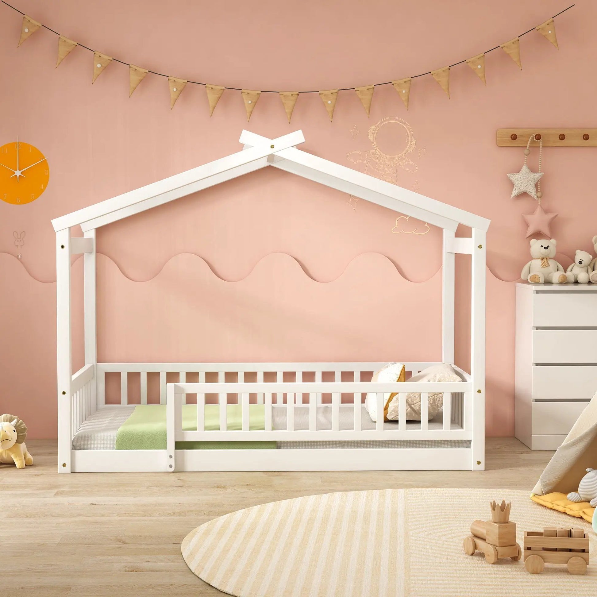 Bed House Bed Frame With Fence white canopy, fence sides, light green bedding on Tampa Home & Garden Store