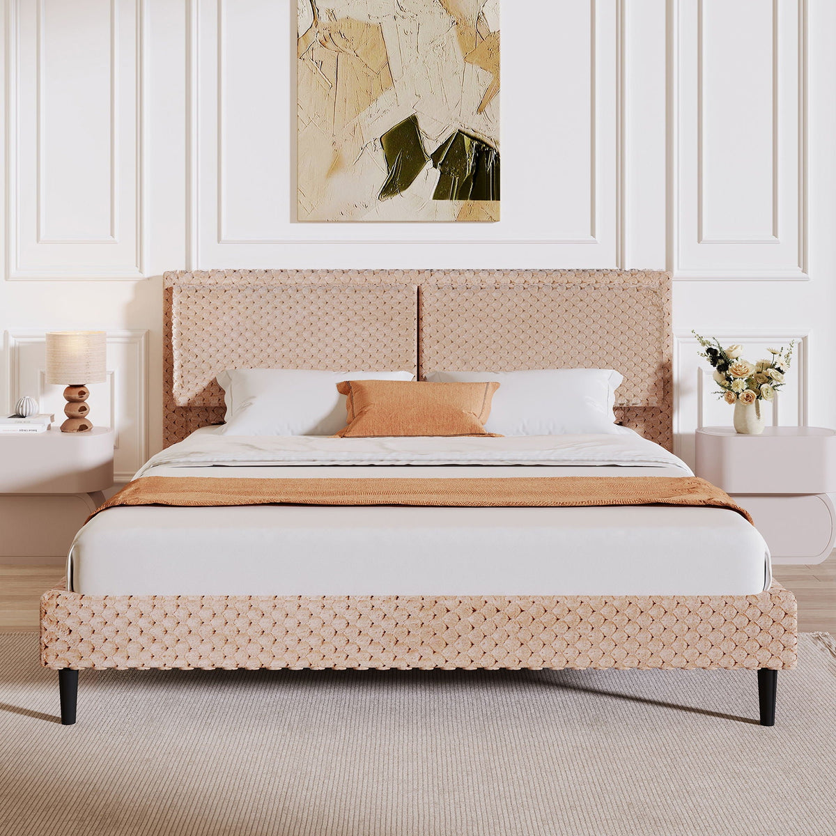 Soft bed backrest upholstered bench in beige tufted fabric by HouseOfZazla at foot of bed on Tampa Home & Garden Store