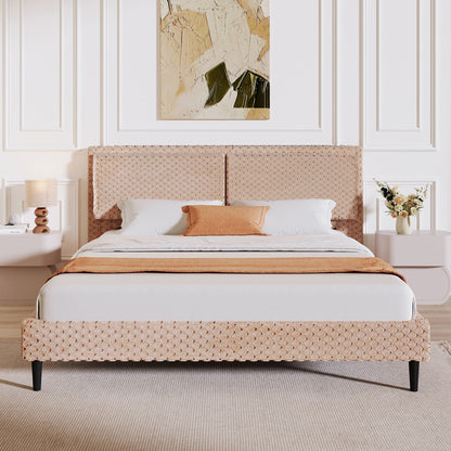 Soft bed backrest upholstered bench in beige tufted fabric by HouseOfZazla at foot of bed on Tampa Home & Garden Store
