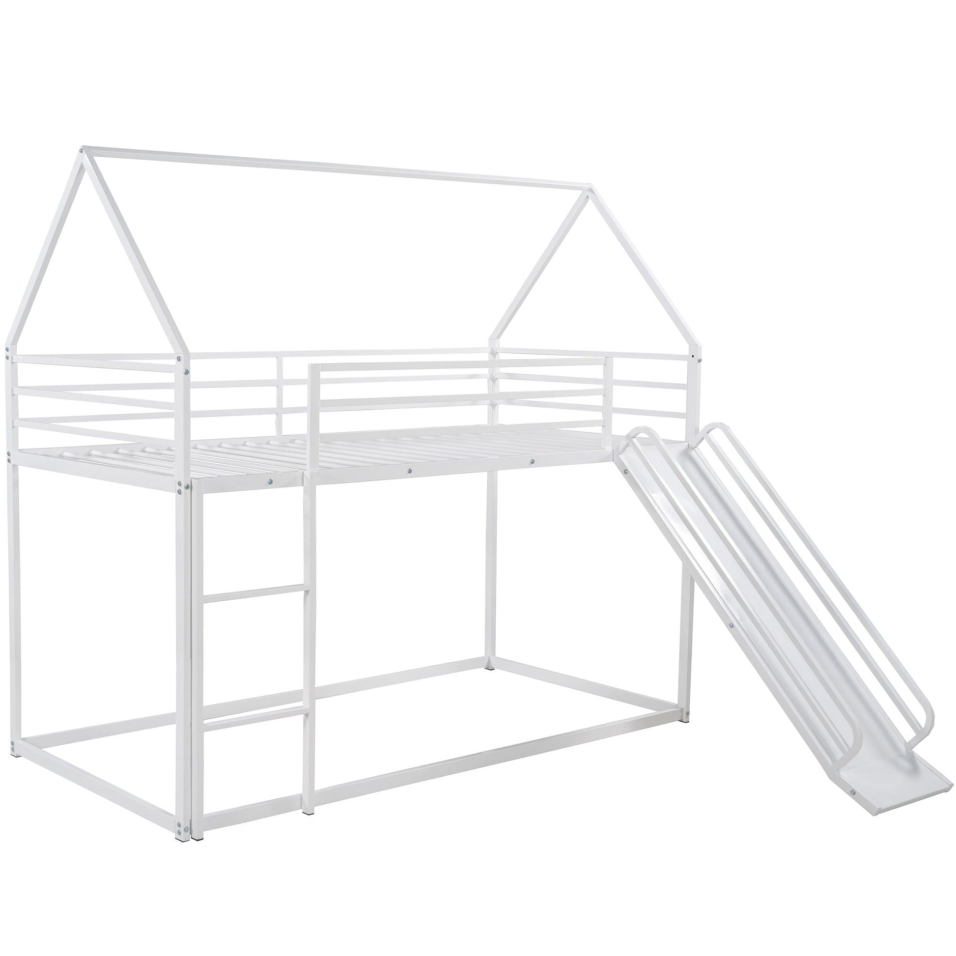 Twin over twin house bunk bed with built-in ladder and slide, white metal frame on Tampa Home & Garden Store