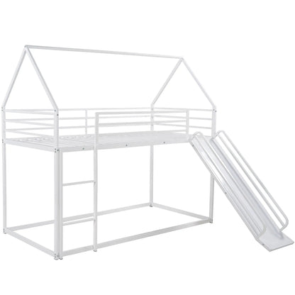 Twin over twin house bunk bed with built-in ladder and slide, white metal frame on Tampa Home & Garden Store