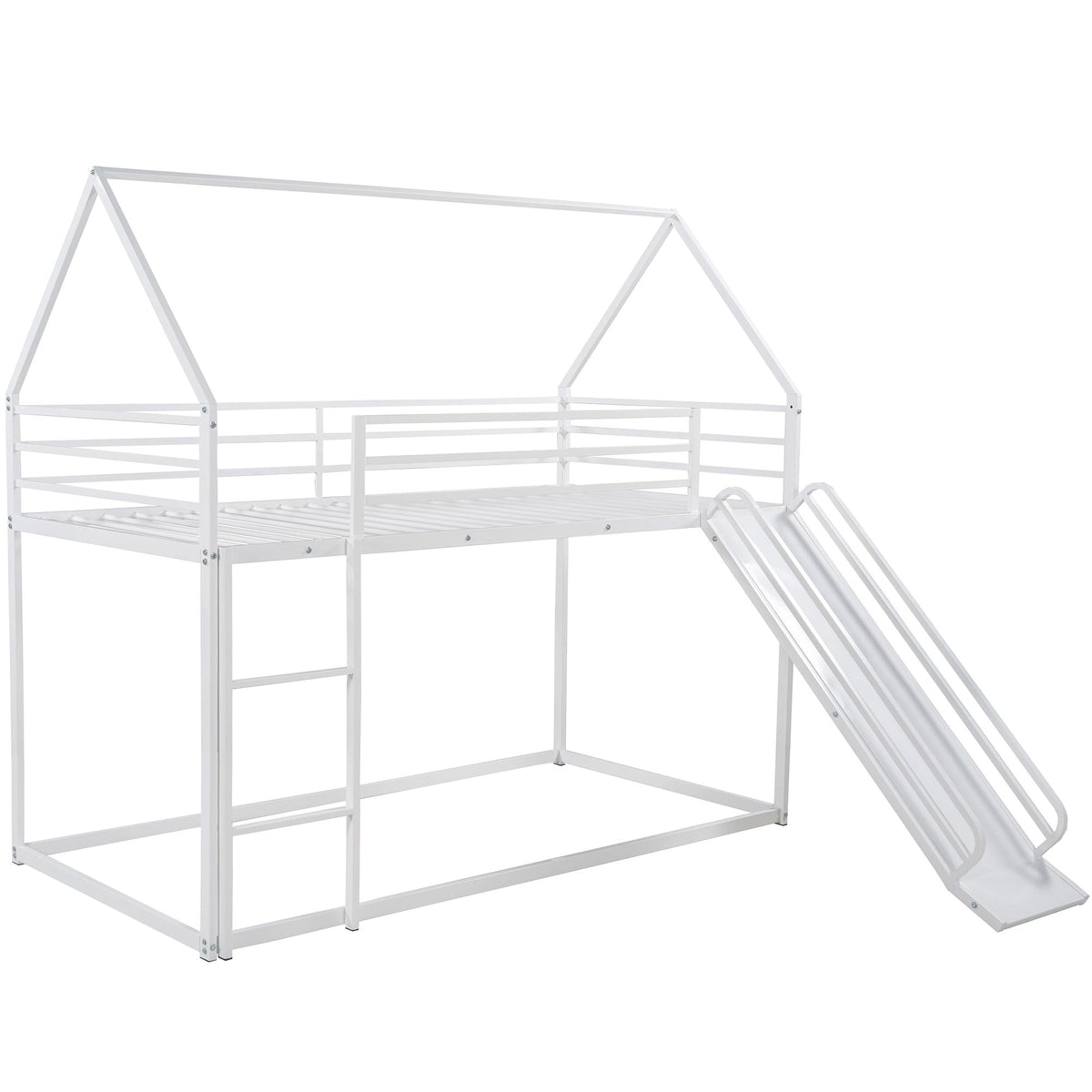 Twin Over Twin House Bunk Bed with Ladder and Slide white metal frame by HouseOfZazla on Tampa Home & Garden Store