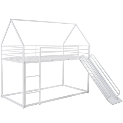 Twin Over Twin House Bunk Bed with Ladder and Slide white metal frame by HouseOfZazla on Tampa Home & Garden Store