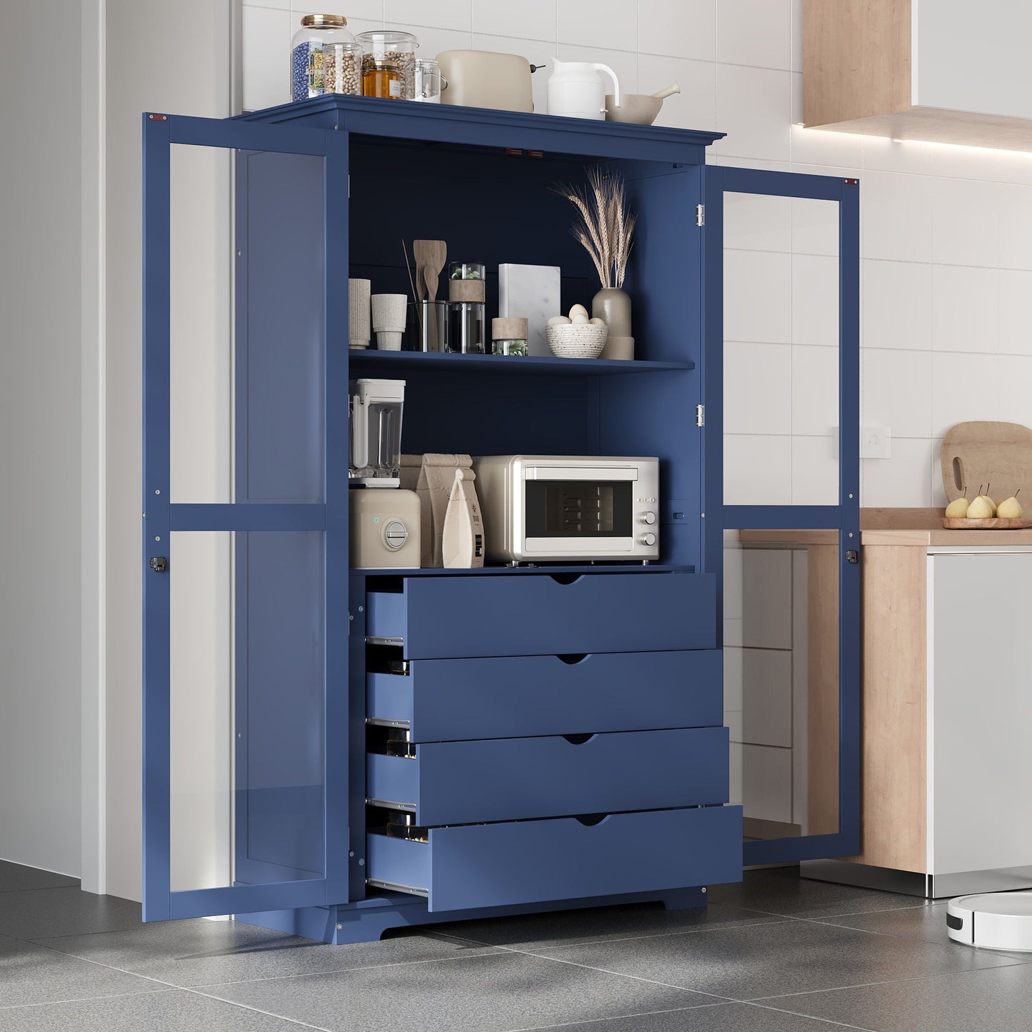 Blue Pine Cabinet With Glass Doors And Drawers
