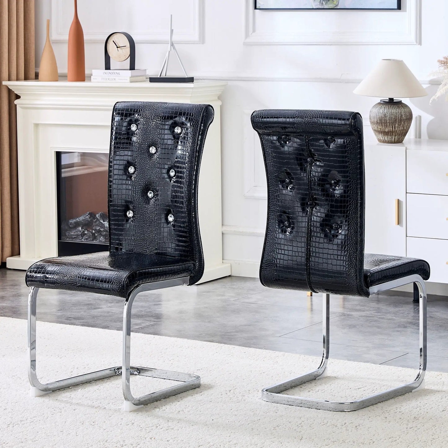 Elegant Upholstered Dining Chairs, embossed leather, chrome cantilever legs, set of 2 on Tampa Home & Garden Store