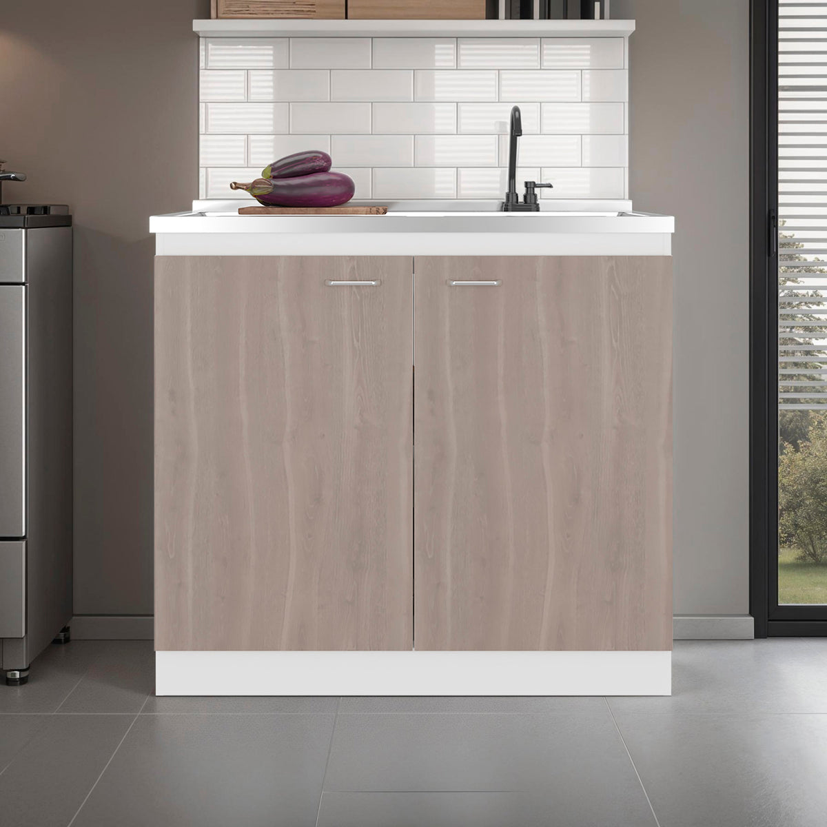 Salento cabinet with double doors and two shelves, light wood finish under white countertop on Tampa Home & Garden Store