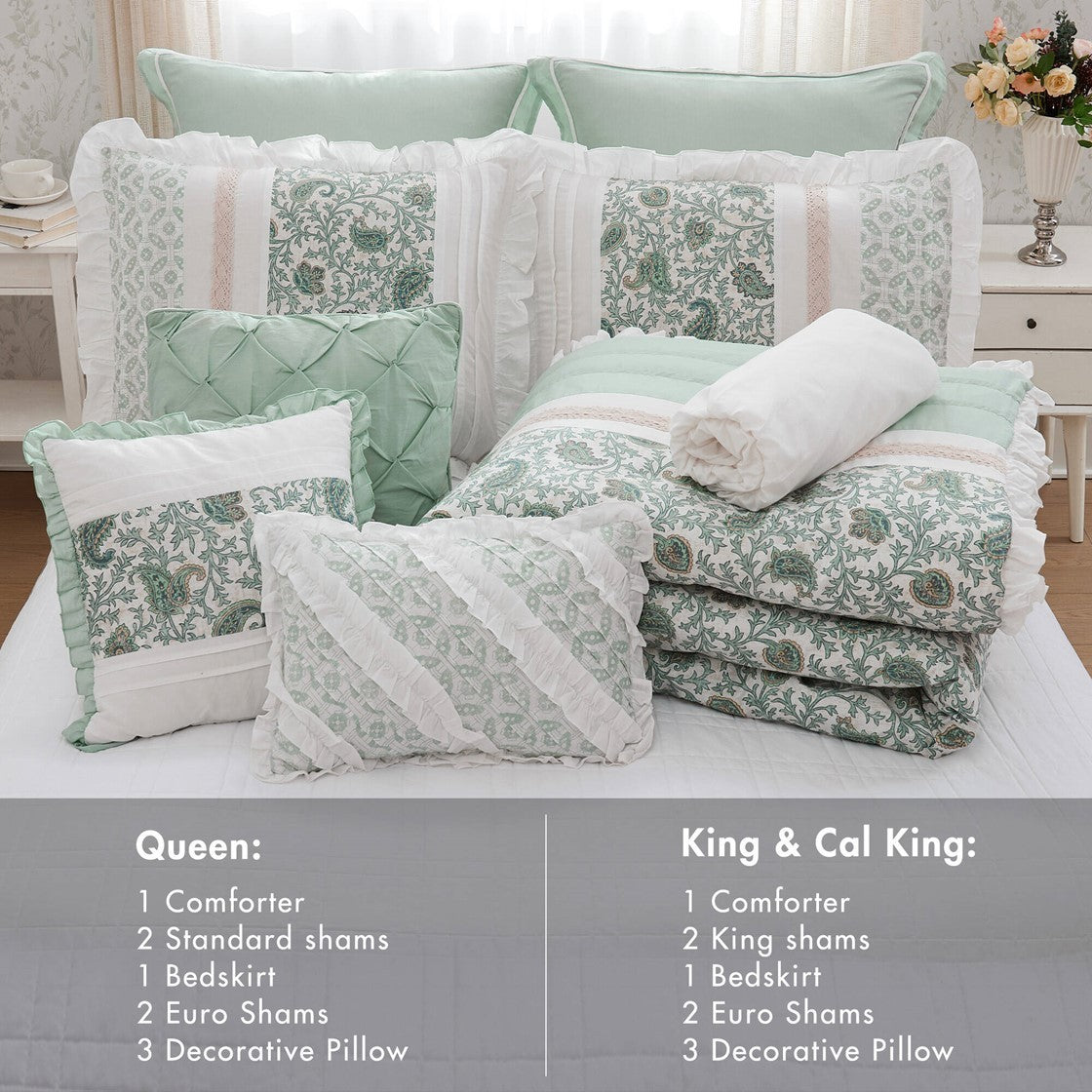 9 Piece Cotton Percale Comforter Set Aqua by HouseOfZazla with shams, bed skirt and pillows on Tampa Home & Garden Store