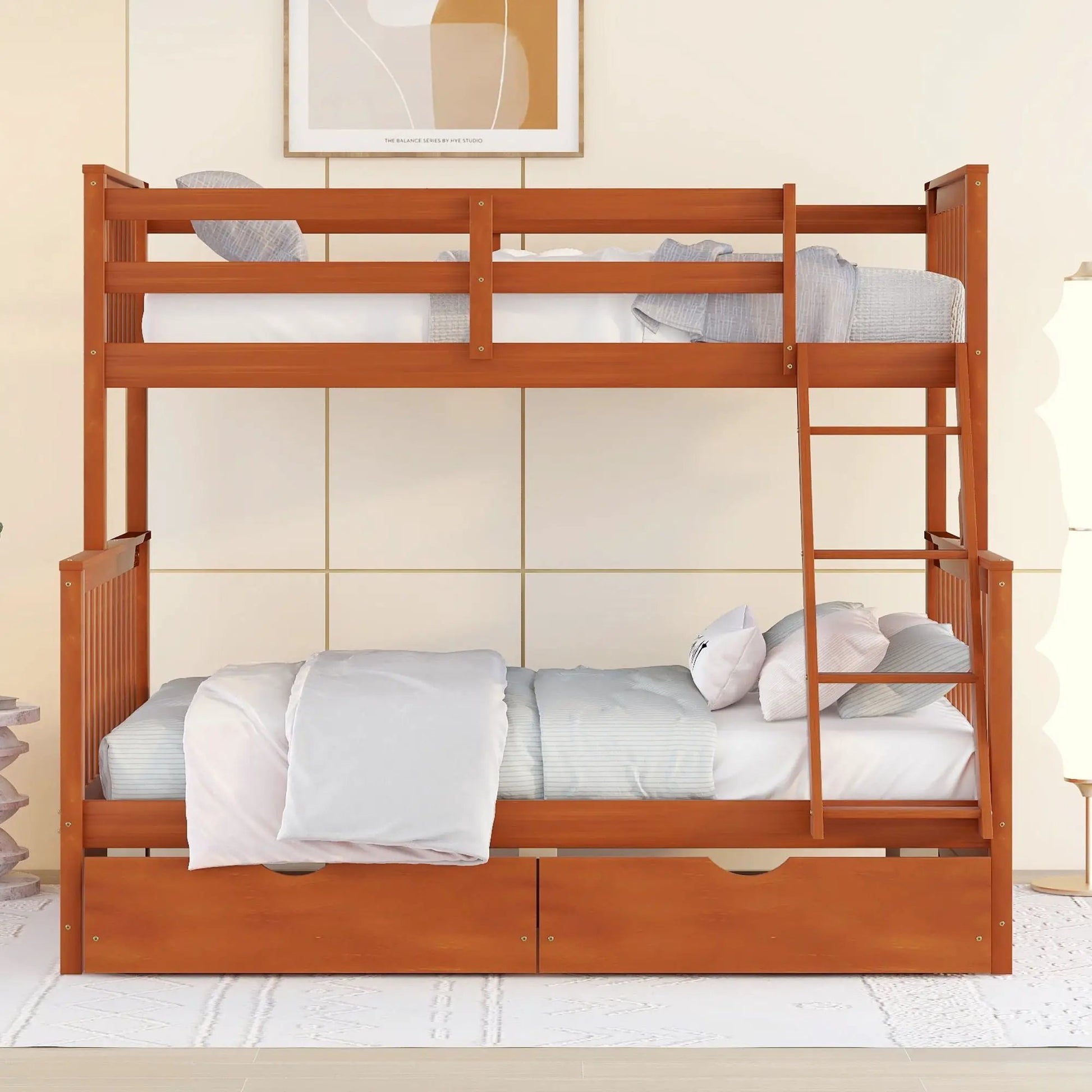 Bunk bed with ladders and 2 storage drawers in warm wood finish by Unique Piece Furniture on Tampa Home & Garden Store