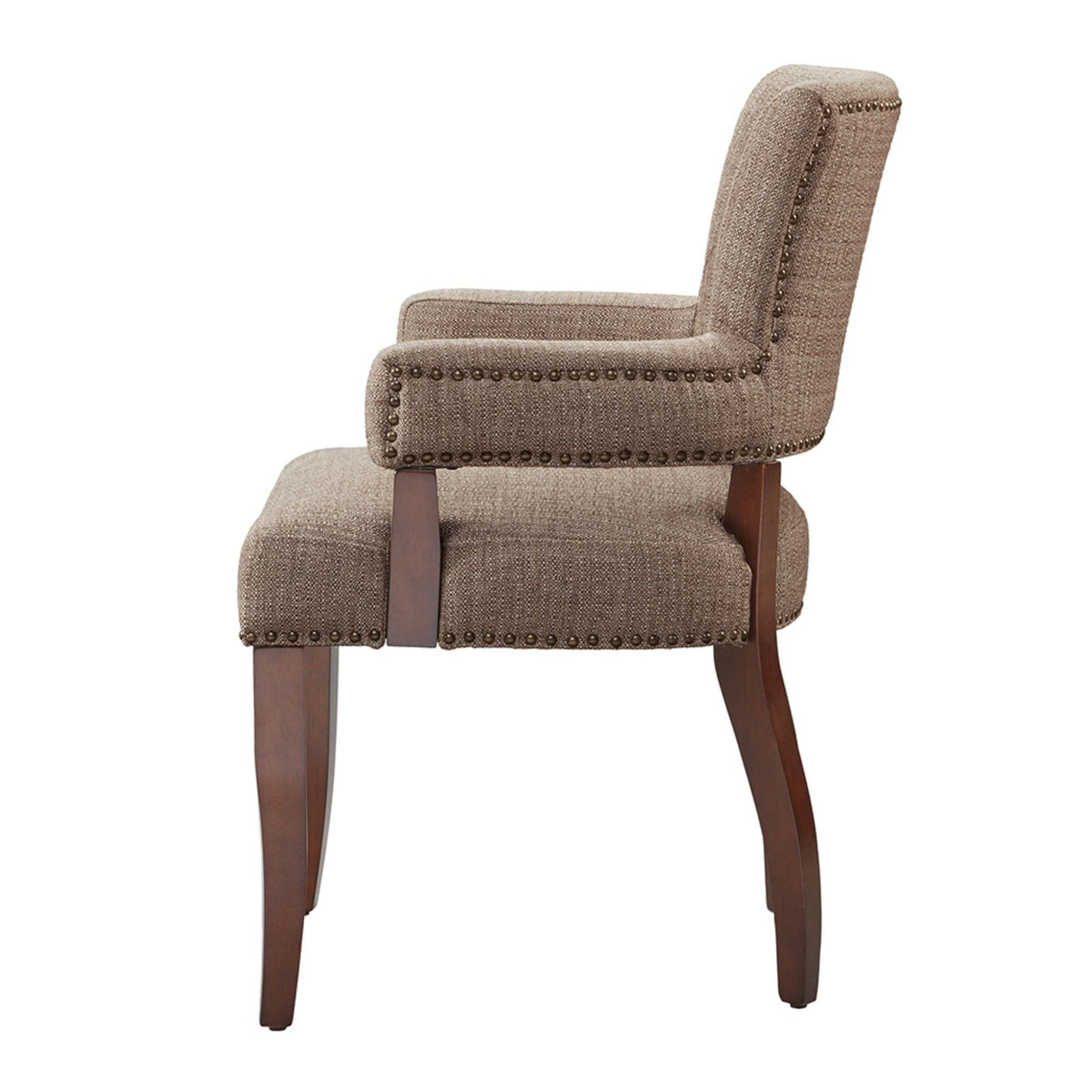 Elegant Armchair with brass nailhead detailing, textured brown fabric and dark wood legs on Tampa Home & Garden Store