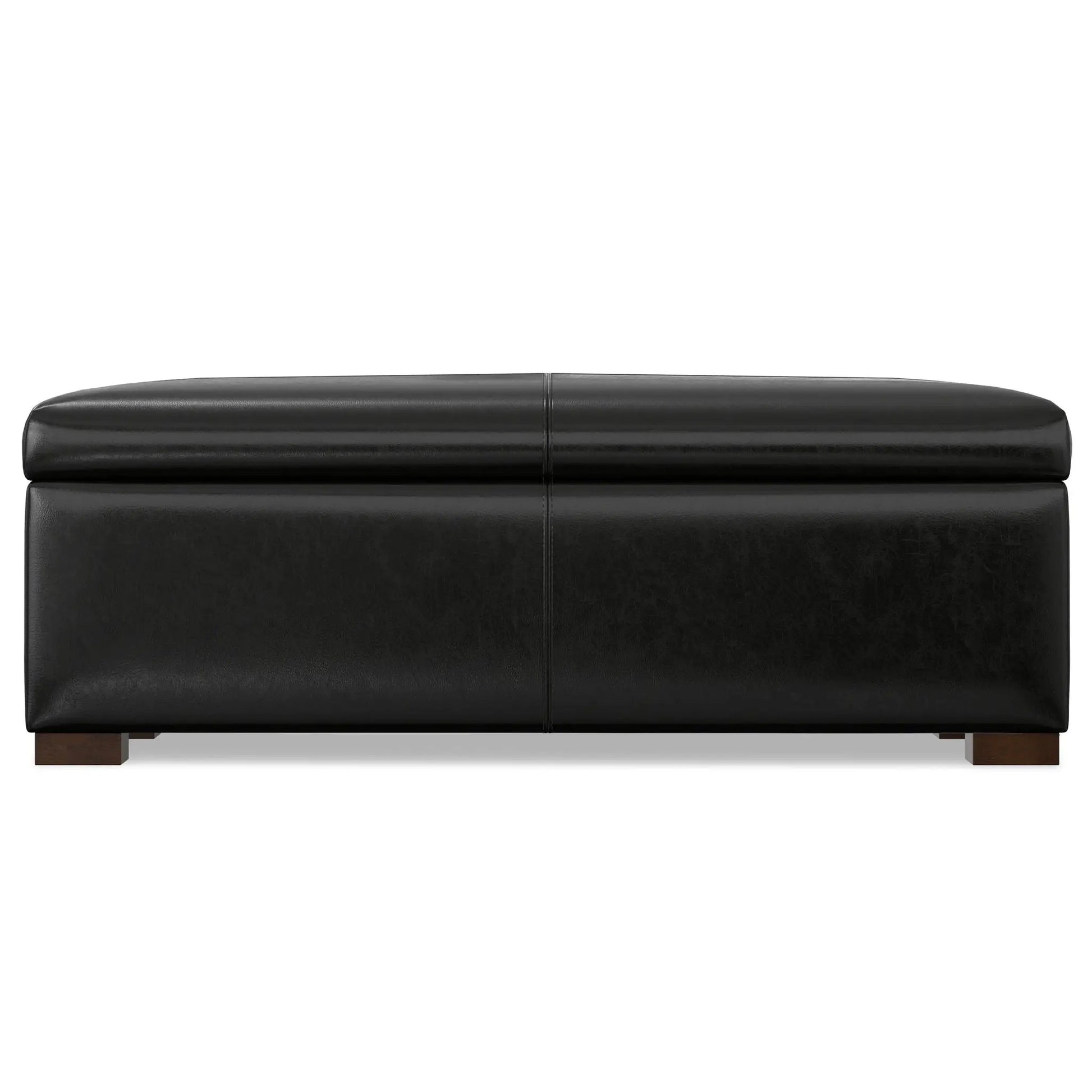 Gabbie storage ottoman in black leather with stitched seam and wood feet on Tampa Home & Garden Store