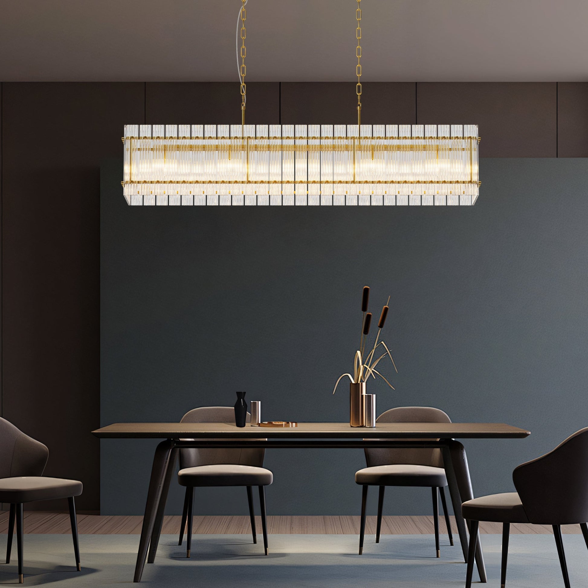 Modern rectangular crystal glass 10-light chandelier with gold frame over dining table on Tampa Home & Garden Store