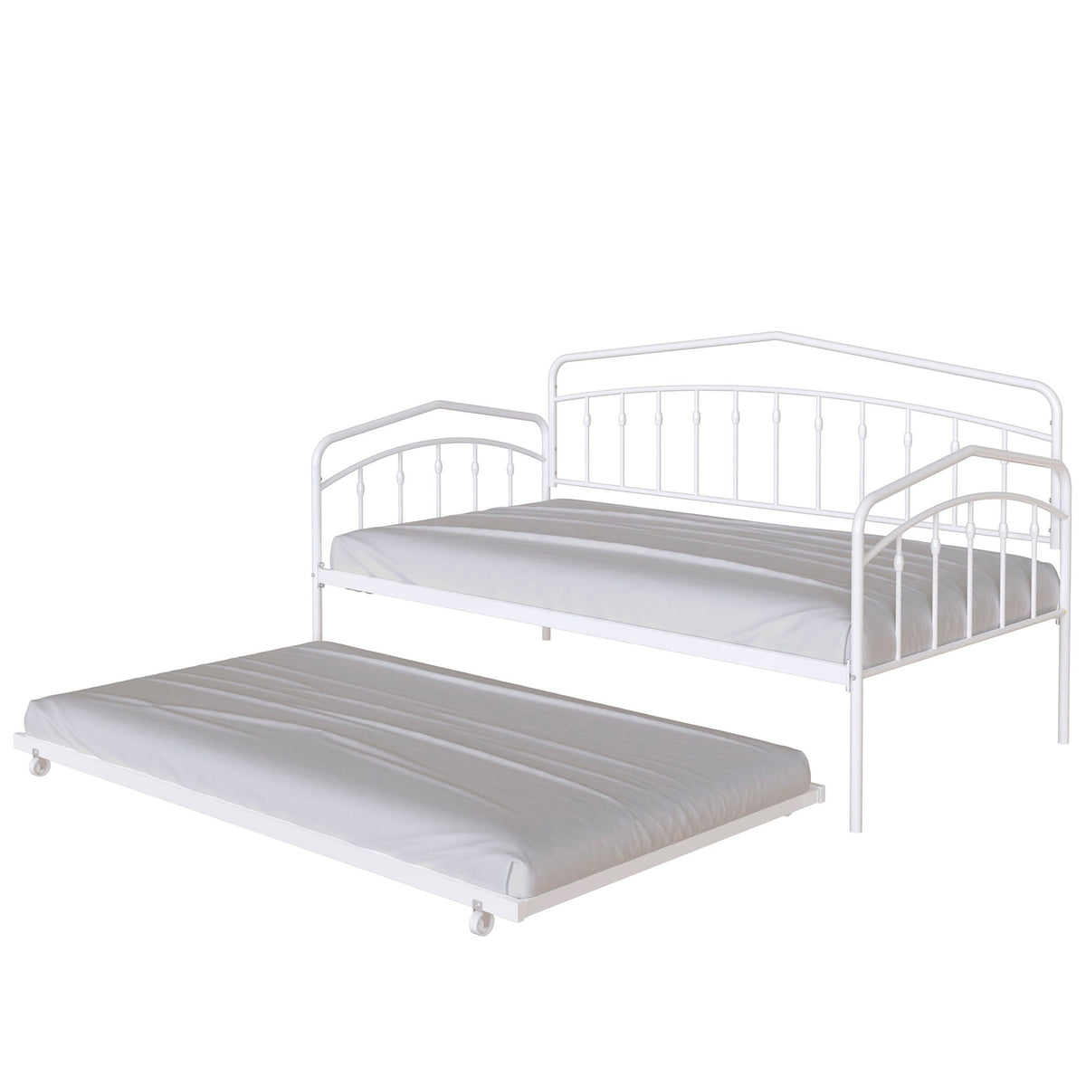 Fox Daybed With Twin Trundle, white metal frame by HouseOfZazla with grey mattresses on Tampa Home & Garden Store