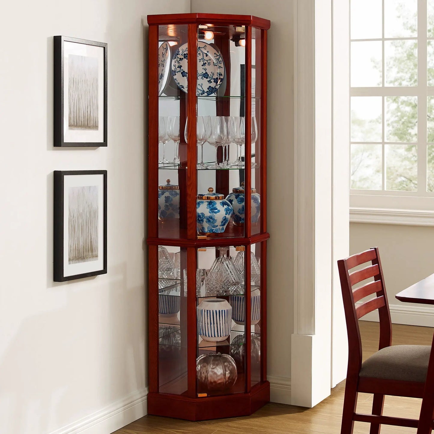6-Shelf lighted corner curio cabinet with adjustable glass shelves & mirror back in cherry on Tampa Home & Garden Store