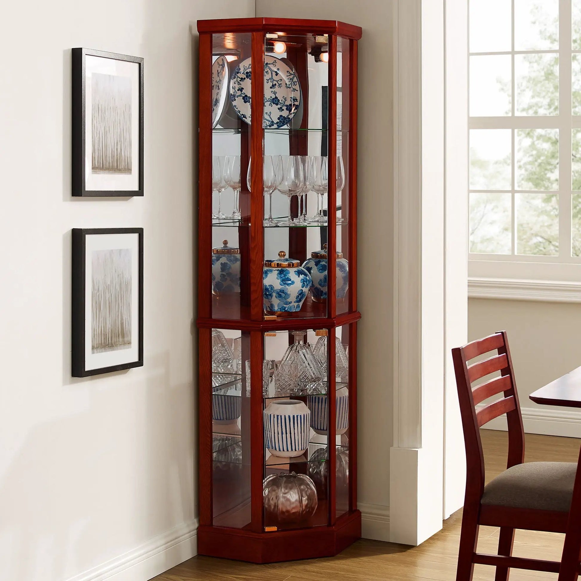 6-Shelf lighted corner curio cabinet with adjustable glass shelves & mirror back in cherry on Tampa Home & Garden Store