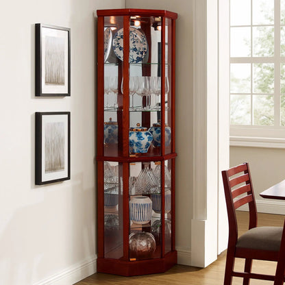 6-Shelf lighted corner curio cabinet with adjustable glass shelves & mirror back in cherry on Tampa Home & Garden Store