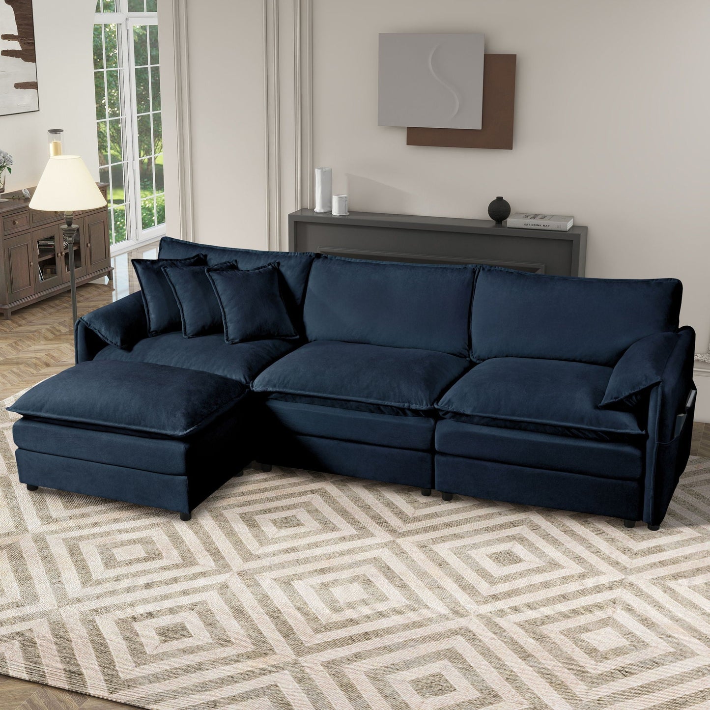 HouseOfZazla Modern Comfy Deep Seat Modular Sectional Sofa Cloud Couch With Ottoman navyblue on Tampa Home & Garden Store