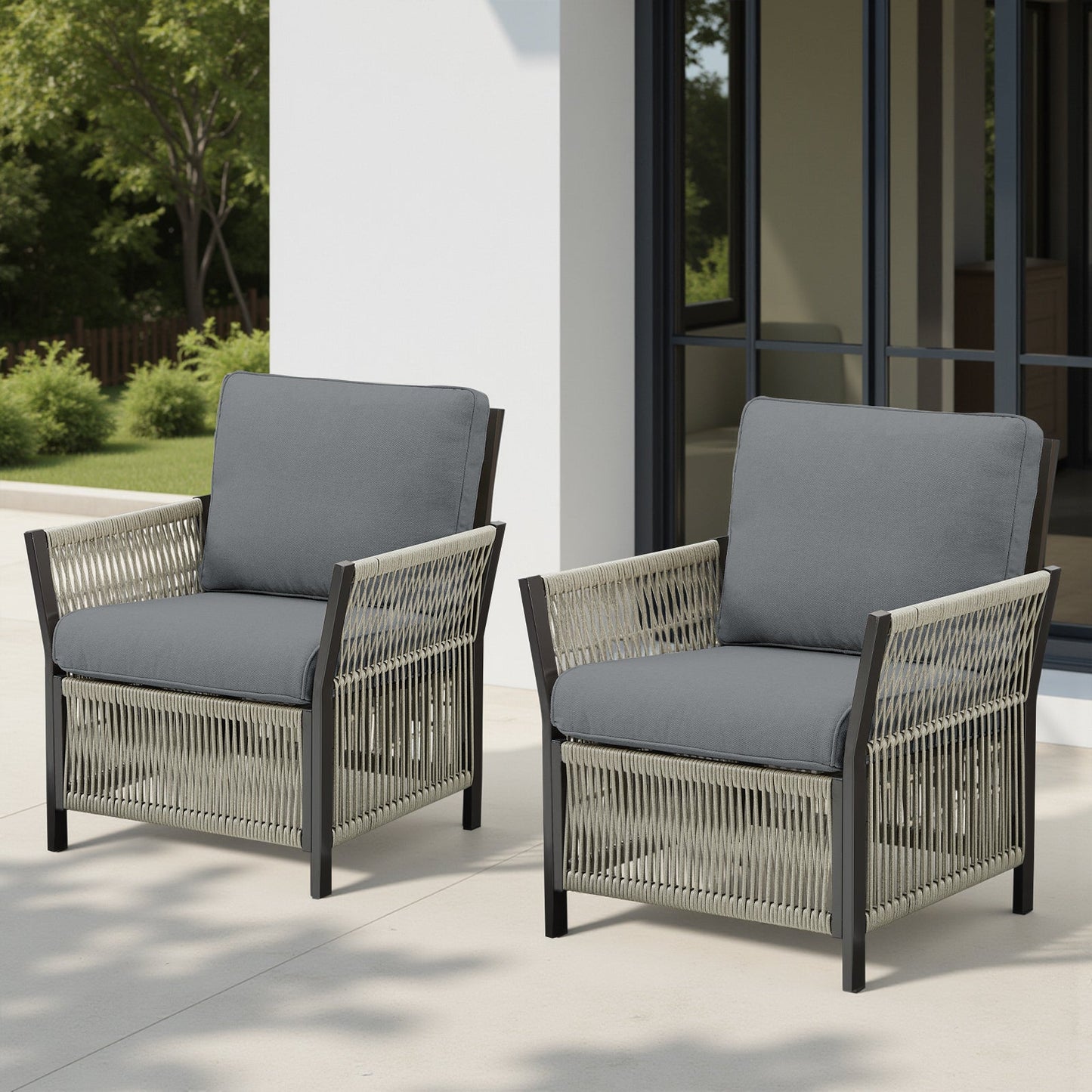 Outdoor patio arm chairs set of 2 with gray cushions and woven rope detailing on a patio on Tampa Home & Garden Store