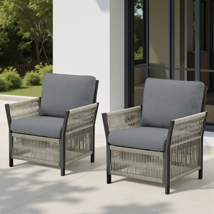 Outdoor patio arm chairs set of 2 with gray cushions and woven rope detailing on a patio on Tampa Home & Garden Store