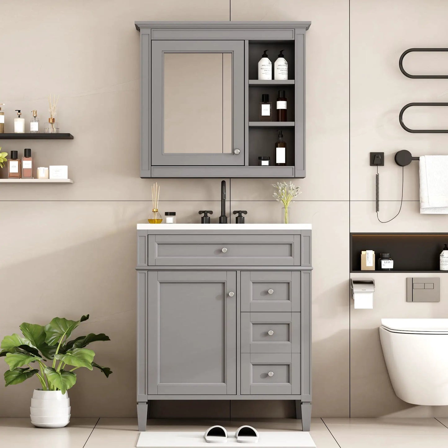 Gray Vanity With Top Sink and Mirror Cabinet