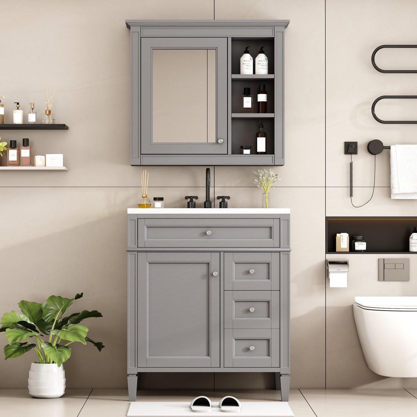 Gray Bathroom Vanity with a Top Sink and Cabinet