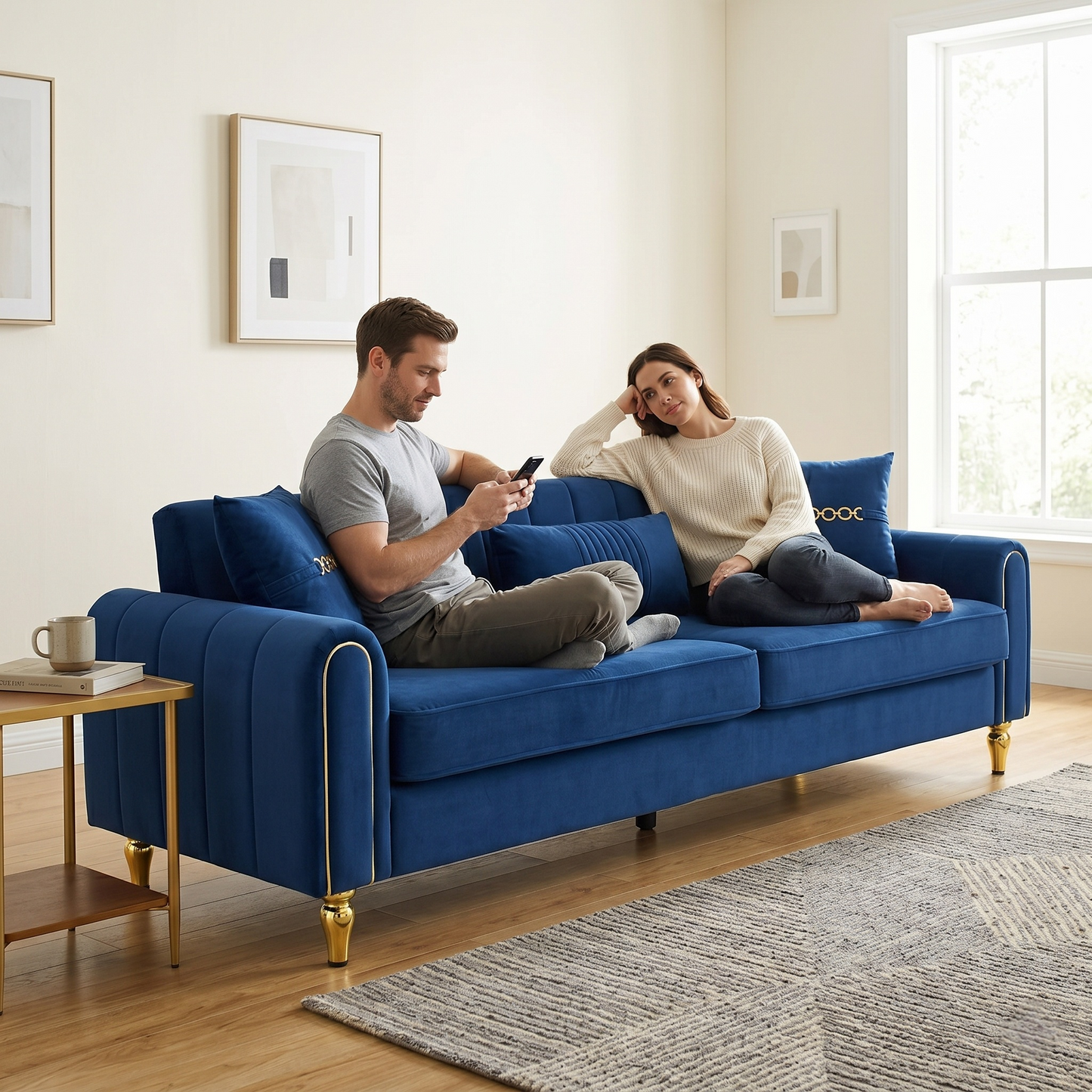 Elegant Three Seater Sofa and Throw Pillows