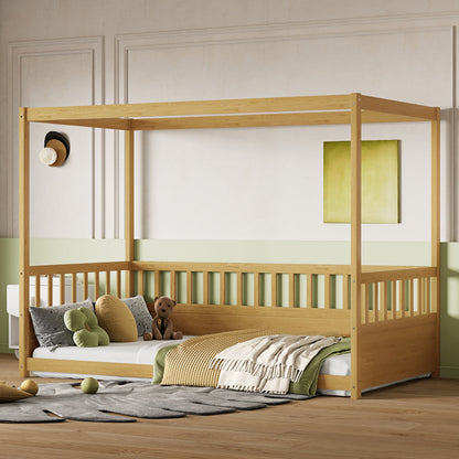 Twin size canopy bed frame with guardrails in natural wood by HouseOfZazla on Tampa Home & Garden Store