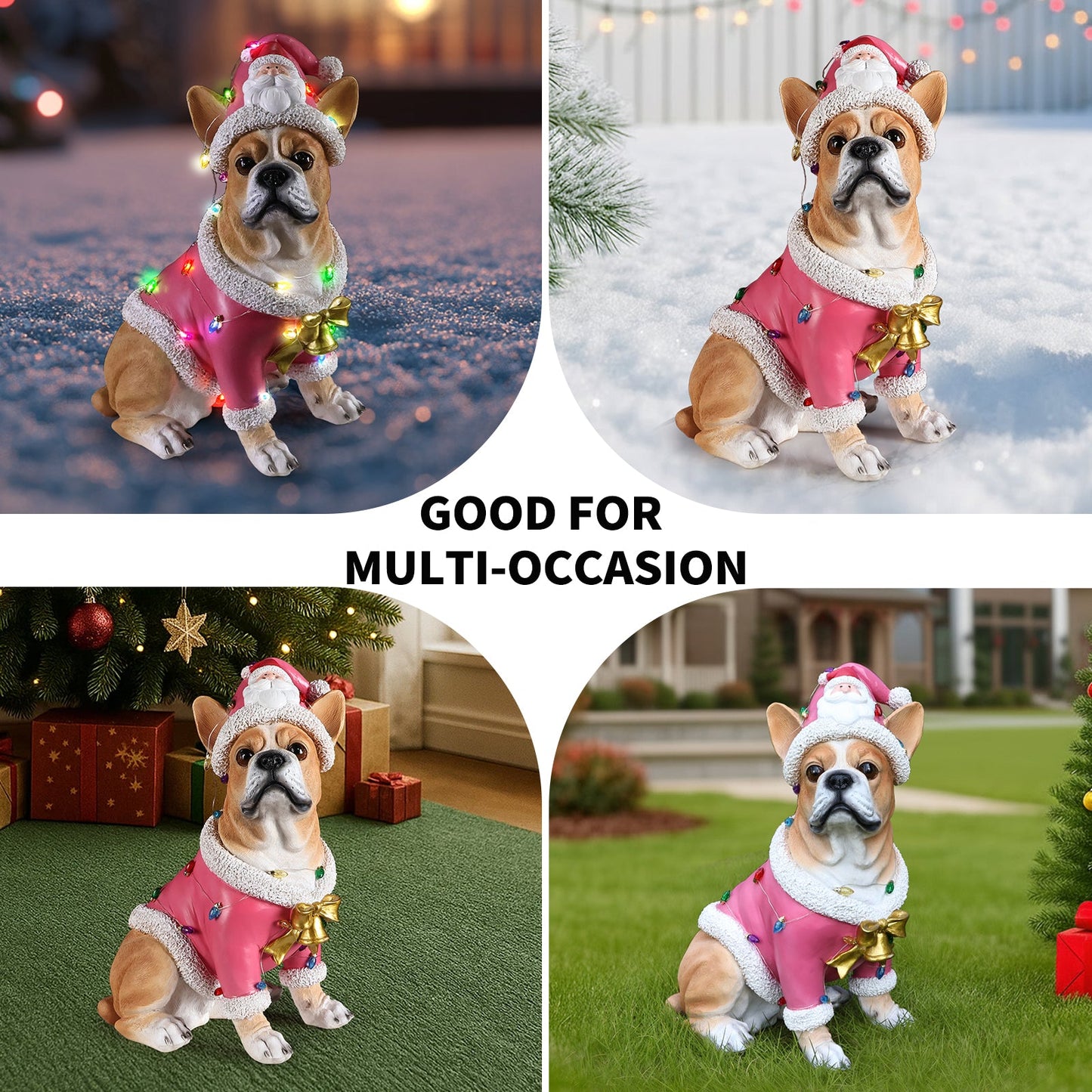 Christmas French Bulldog Statue set of 4 pink coat with white fur trim by HouseOfZazla on Tampa Home & Garden Store