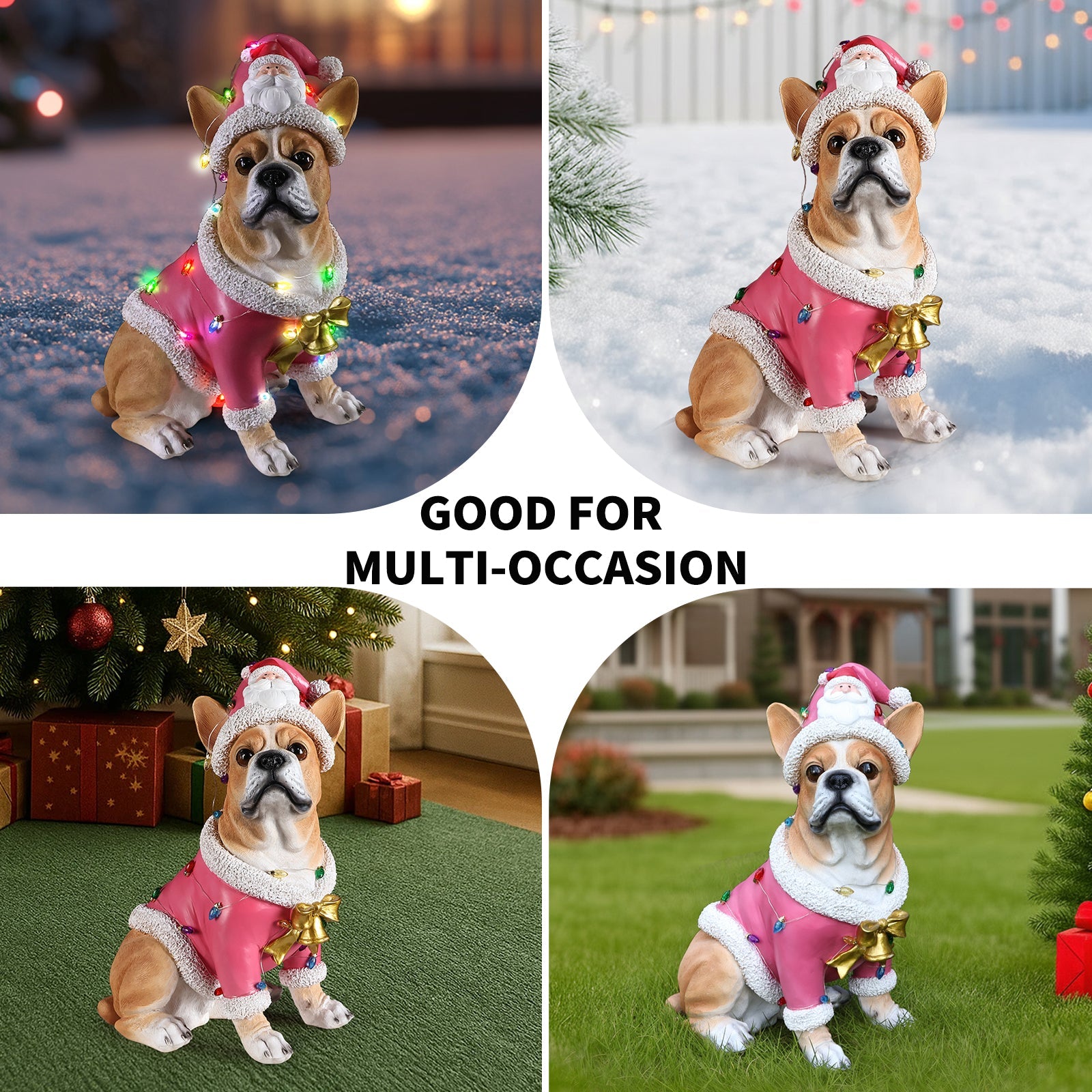Christmas French Bulldog Statue set of 4 pink coat with white fur trim by HouseOfZazla on Tampa Home & Garden Store