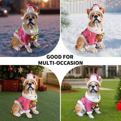 Christmas French Bulldog Statue set of 4 pink coat with white fur trim by HouseOfZazla on Tampa Home & Garden Store