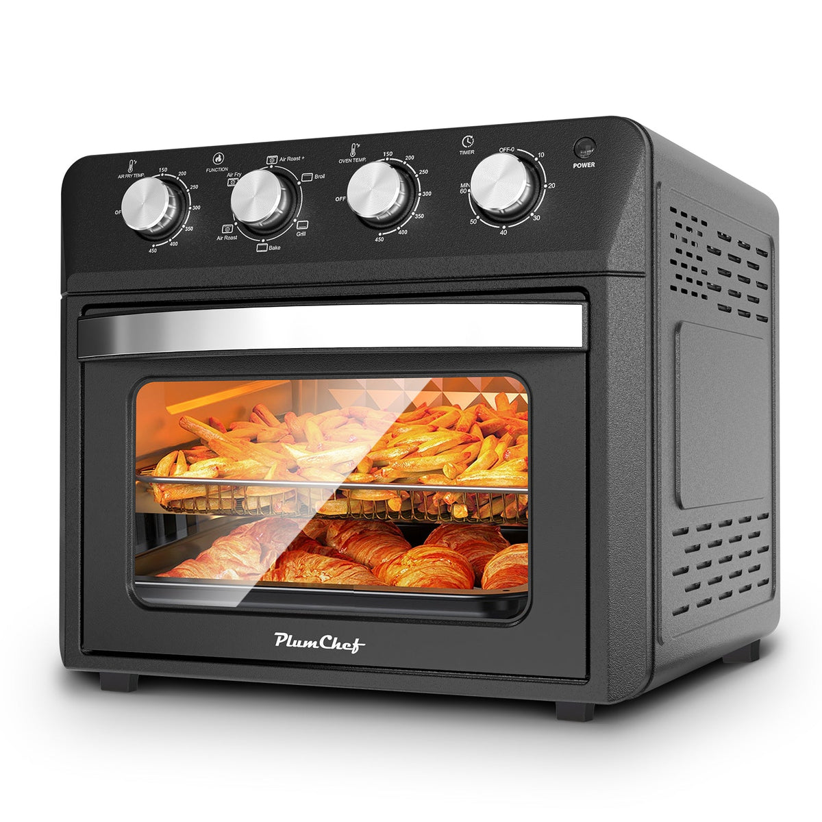 Plum Chef Large Family Air Fryer Oven black with glass door and four dial controls fries inside on Tampa Home & Garden Store