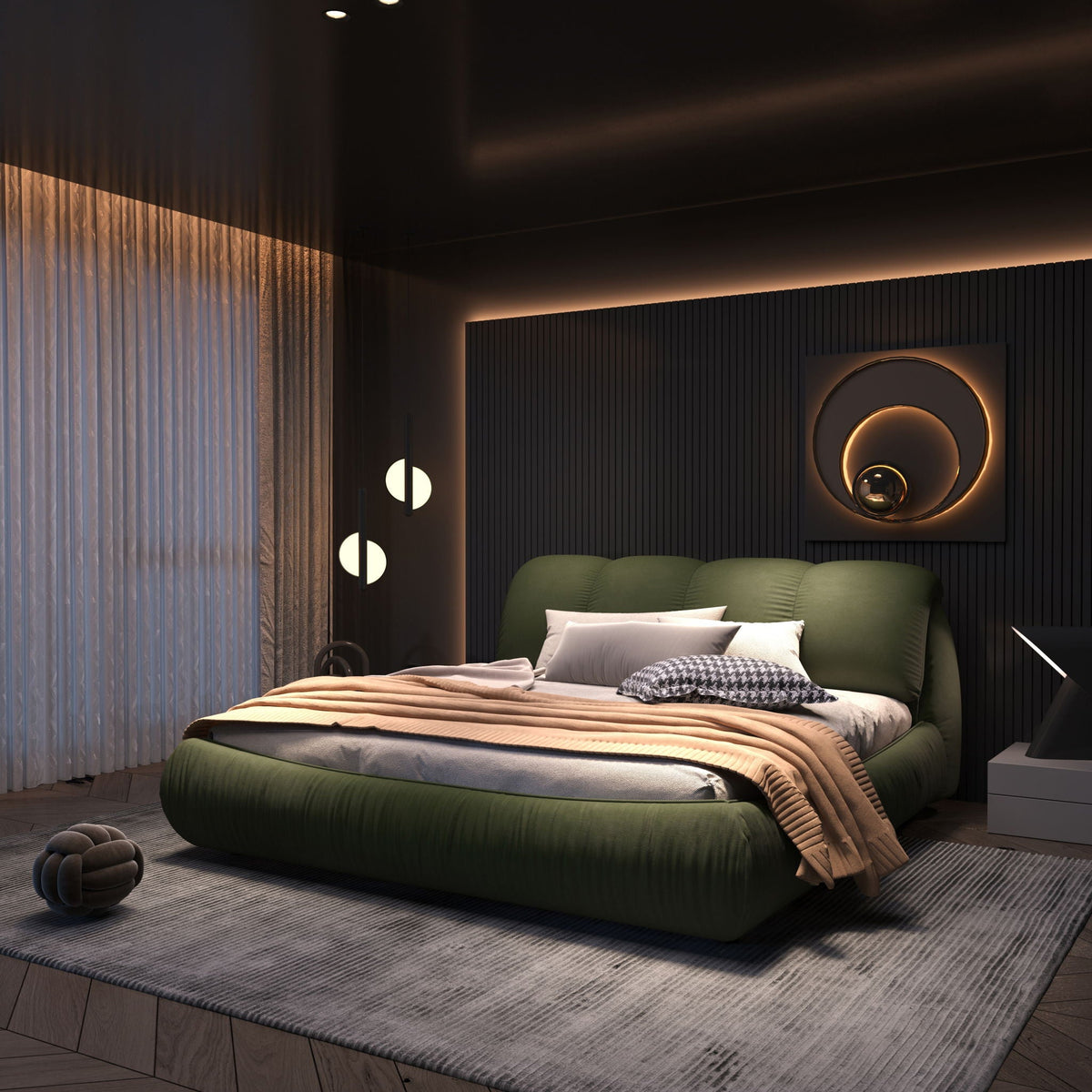 Luxury upholstered bed with padded backrest in green fabric, wood frame HouseOfZazla on Tampa Home & Garden Store