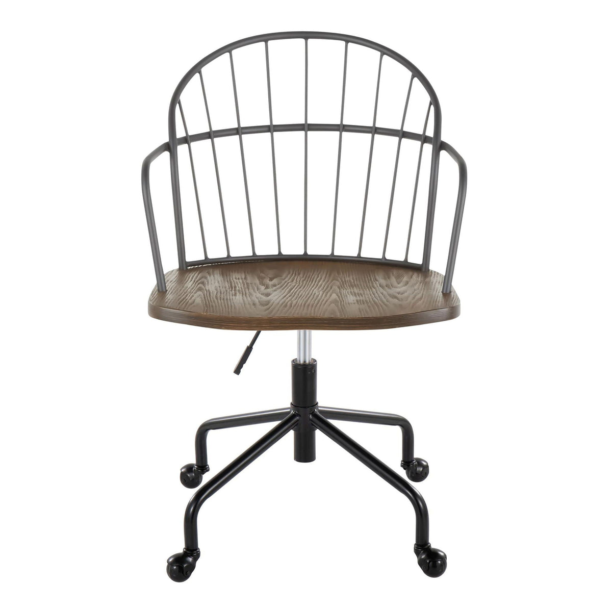 Farmhouse adjustable office chair with dark brown wood seat and metal back, swivel base on Tampa Home & Garden Store
